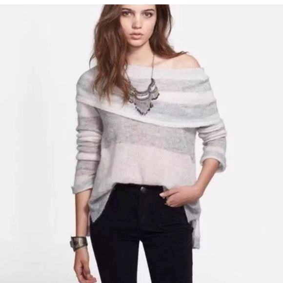 Free People - Gray Lulu Rugby Stripe Alpaca Blend Cowl Neck Sweater. - Picture 2 of 7